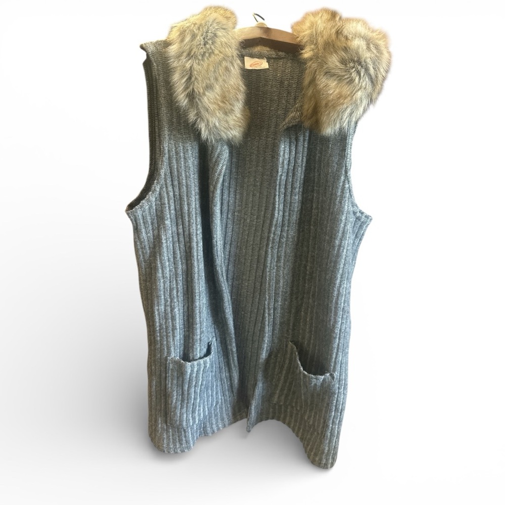 Wonder Nation Gray Knit Vest with Faux Fur Trim Kids Size Large 10-12 Years Old